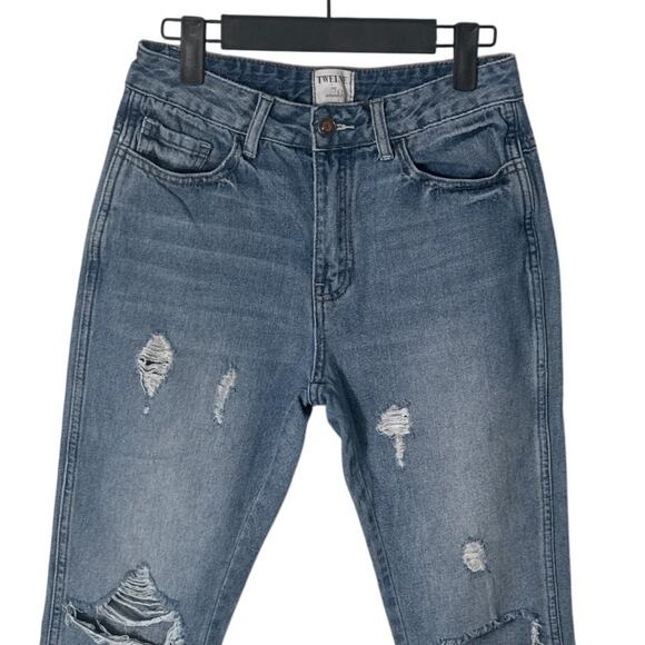 Twelve by Ontwelfth Crop Distressed Straight Leg Raw Hem Jeans Medium Wash Sz 26 - Picture 6 of 8